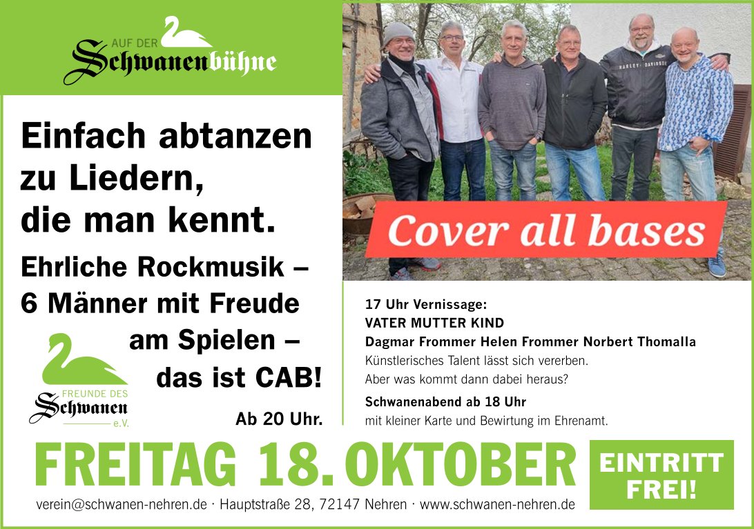 Schwanenabend mit "COVER ALL BASES" Rockmusik zum Abtanzen